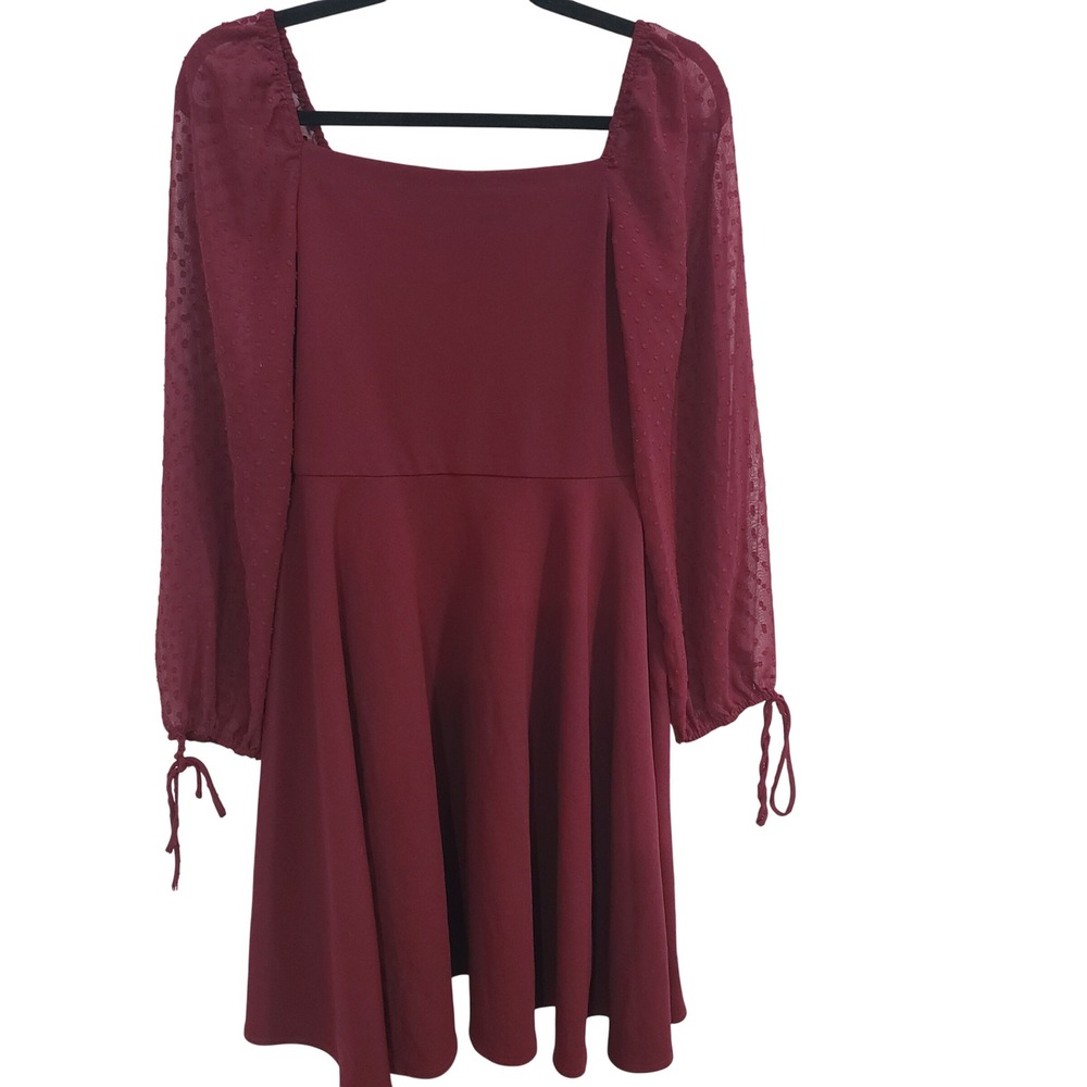Girls Juniors Rare Editions Burgundy Swiss Dot Sheer Sleeve Skater Dress Size 16